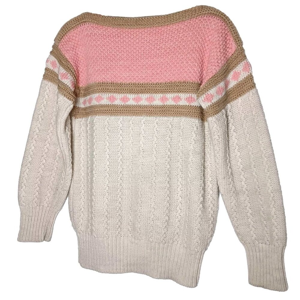 Evian Jrs Sweater Womens M Pullover Cream Pink Brown Chunky Boat Neck Vintage